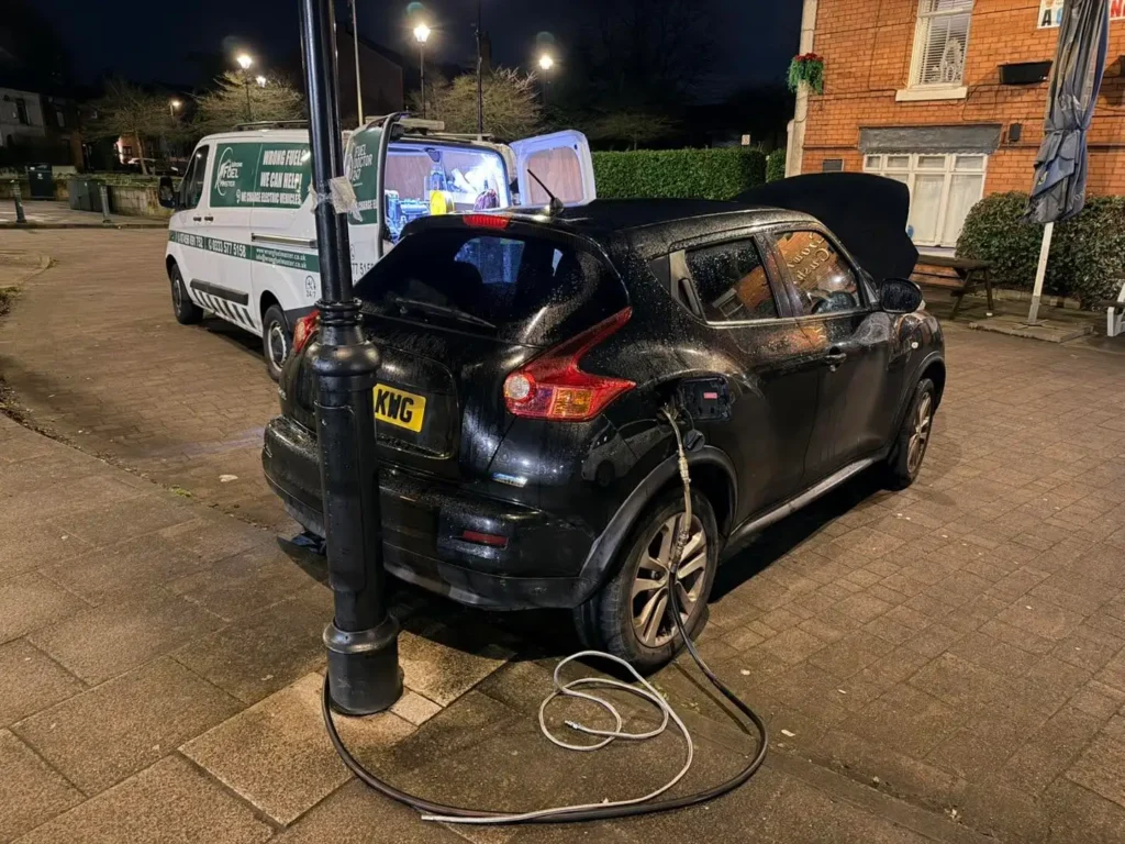 Roadside wrong fuel drain on a diesel Nissan Juke in Greater Manchester at night
